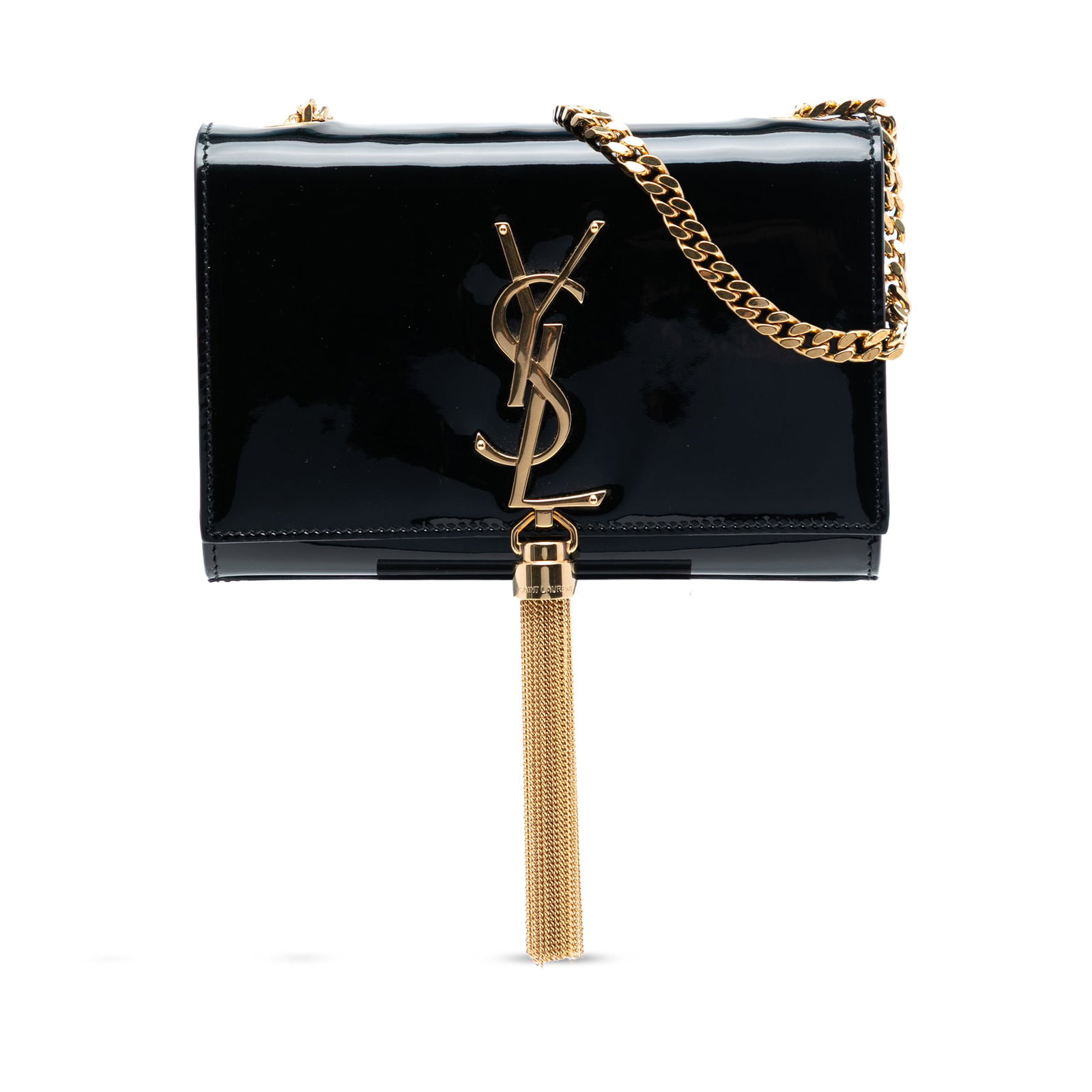 Black Patent Leather Kate Tassel Shoulder Bag by Saint Laurent: Black Patent Leather Kate Tassel Shoulder Bag by Saint Laurent This Saint Laurent Small Patent Monogram Kate Tassel Crossbody features a black patent leather body with a tassel accent, a chain-link sh