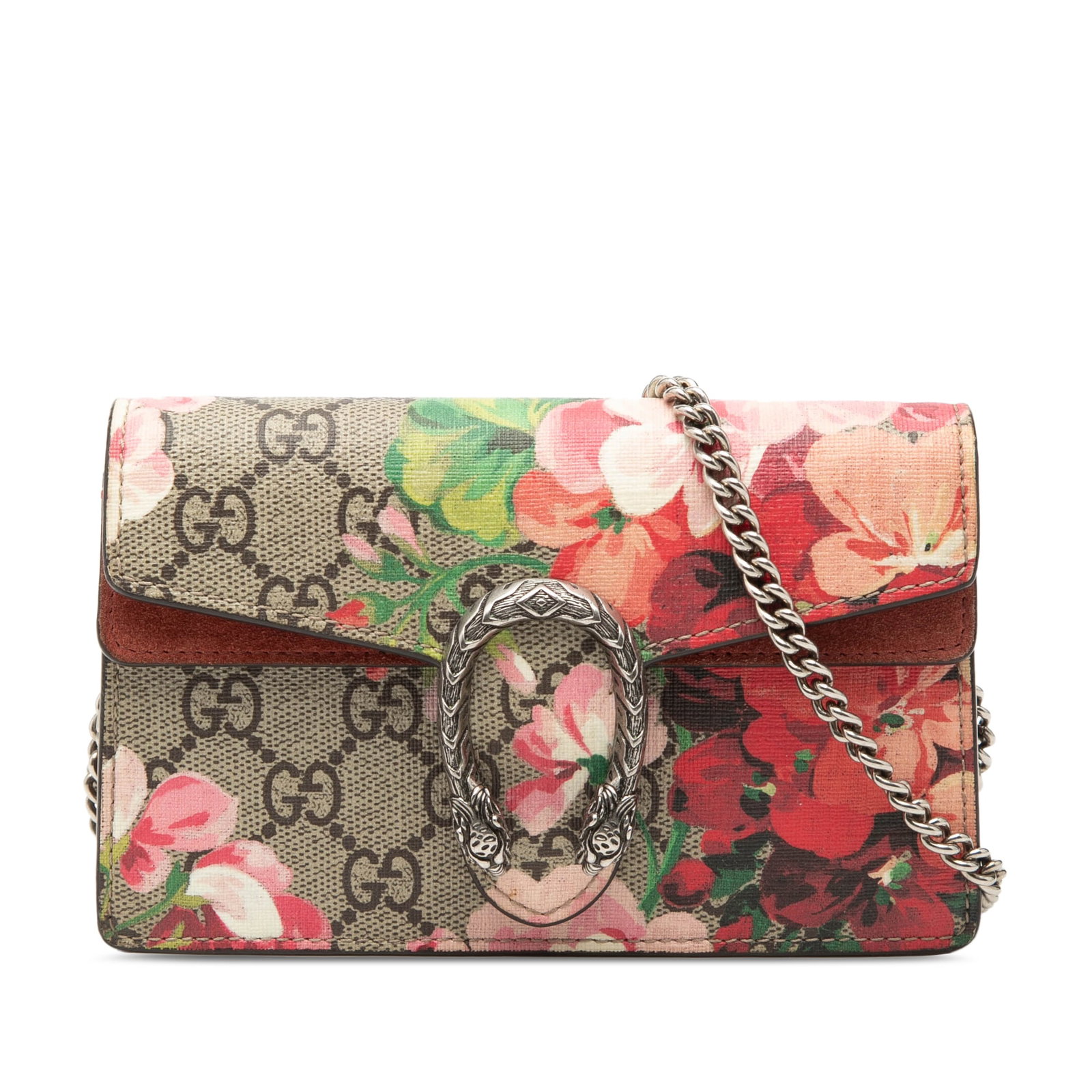 Gucci Dionysus Mini GG Supreme Blooms Crossbody Bag: Gucci Dionysus Mini GG Supreme Blooms Crossbody Bag This Gucci Mini GG Supreme Blooms Dionysus Crossbody features a floral printed coated canvas body with suede leather trim, a chain link shoulder str