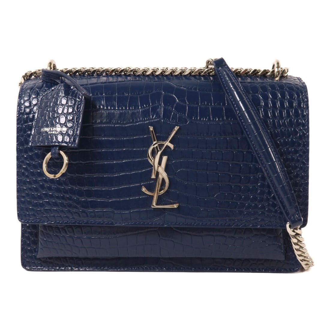 Saint Laurent Sunset Medium Navy Calfskin Shoulder Bag: Saint Laurent Sunset Medium Navy Calfskin Shoulder Bag This Saint Laurent Sunset Medium Chain Shoulder Bag is crafted from navy calfskin leather and features a sleek, structured silhouette. Designed f
