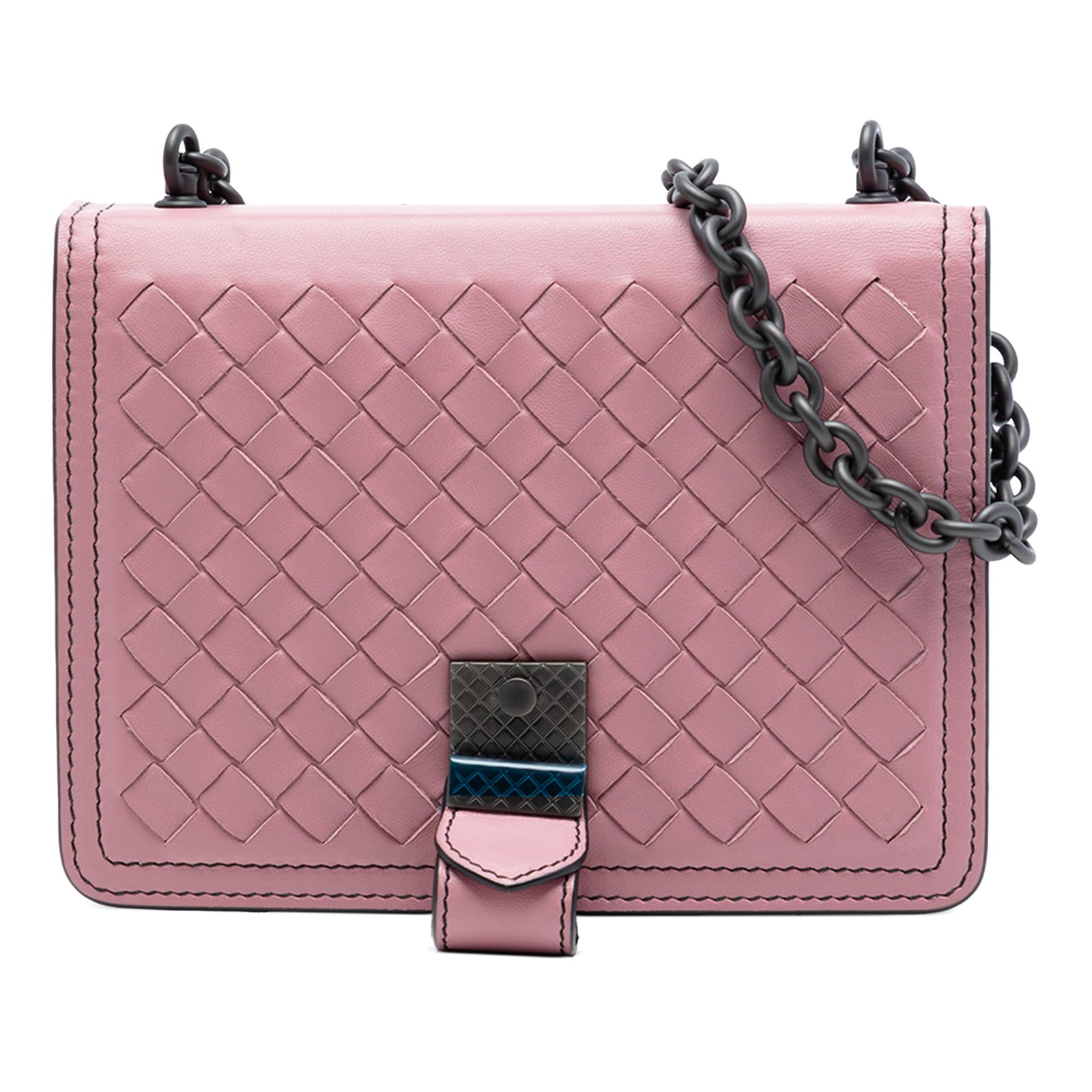 Pink Nappa Leather Intrecciato Shoulder Bag by Bottega Veneta: Pink Nappa Leather Intrecciato Shoulder Bag by Bottega Veneta This Bottega Veneta Small Nappa Intrecciato Runway Shoulder Bag features a woven nappa leather exterior in pink, a chain link strap with a