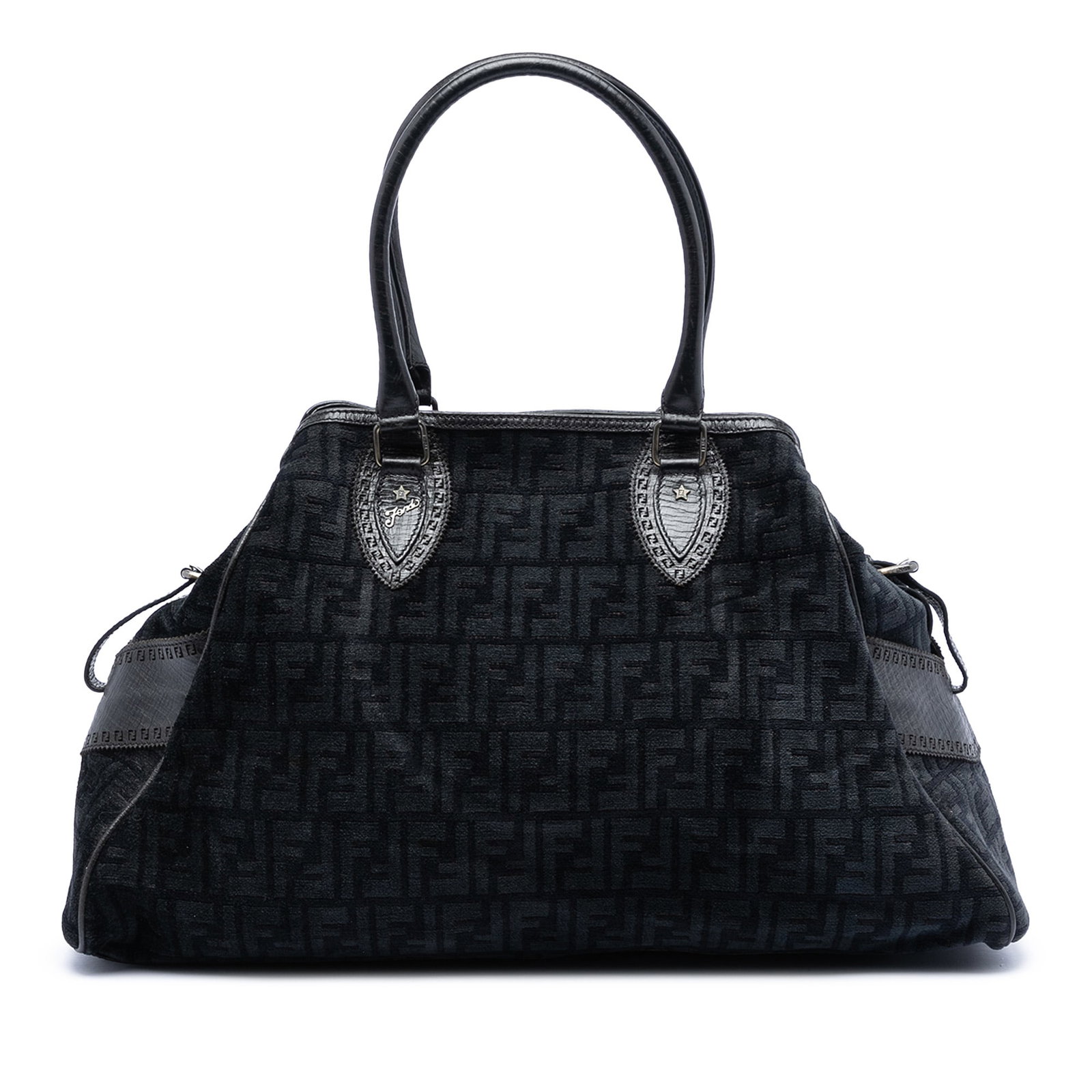 Fendi Etniko Du Jour Shoulder Bag in Black Zucca Velvet: Fendi Etniko Du Jour Shoulder Bag in Black Zucca Velvet Fendi Large Zucca Velvet Etniko Du Jour handbag with a fabric body, rolled leather handles, an open top, and a button clasp closure. The interio