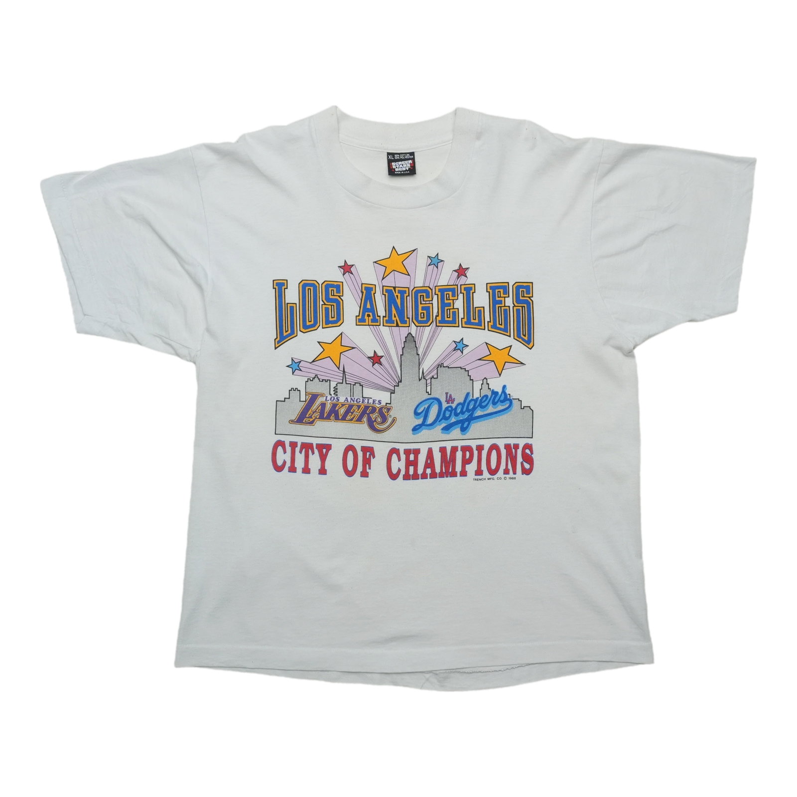 Vintage 1988 Lakers Dodgers Champions White Cotton Poly Shirt XL: Vintage 1988 Lakers Dodgers Champions White Cotton Poly Shirt XL This is an original vintage 1988 Los Angeles Lakers Dodgers City of Champions shirt featuring a front graphic design. The shirt is made