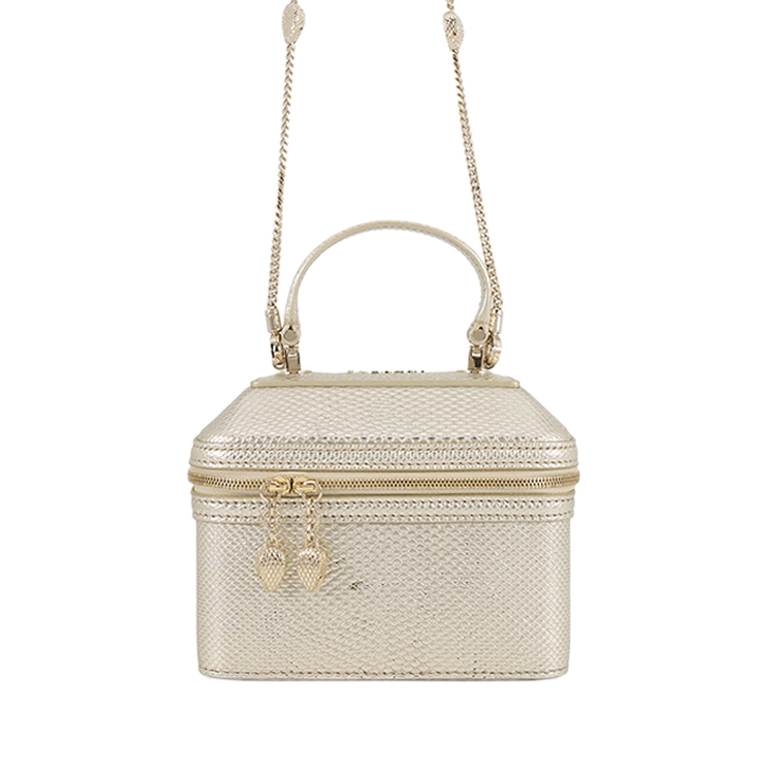 Bvlgari Serpenti Forever Leather Vanity Bag with Chain Strap: Bvlgari Serpenti Forever Leather Vanity Bag with Chain Strap Bvlgari Serpenti Forever vanity bag in embossed leather with a flat top handle, chain link strap with leather guard, zip-around closure, an