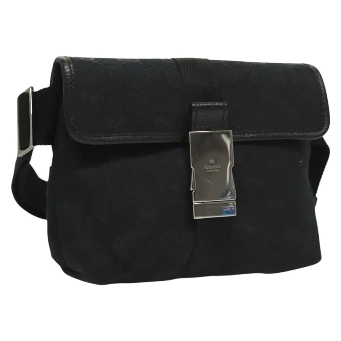 Gucci GG Canvas Black Buckle Belt Bag for Women: Gucci GG Canvas Black Buckle Belt Bag for Women This Gucci Buckle Belt Bag is crafted from black GG canvas and designed for women. The bag features a buckle closure and an adjustable belt strap. Made 