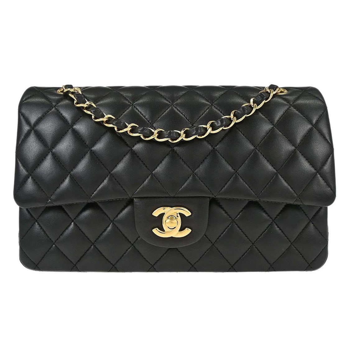 CHANEL Classic Double Flap Medium Shoulder Bag Black Lambskin: CHANEL Classic Double Flap Medium Shoulder Bag Black Lambskin Chanel Medium Classic Double Flap shoulder bag in black lambskin leather with a turn-lock closure and shoulder strap. This women's bag is 