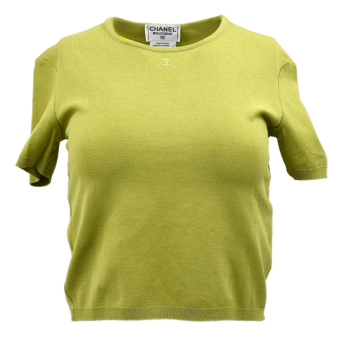 Vintage CHANEL Light Green Rayon Blend Short Sleeve Top Size 40: Vintage CHANEL Light Green Rayon Blend Short Sleeve Top Size 40 Vintage Chanel women's short-sleeve top in light green with a round neckline and regular fit. Made in France, this casual basic style is