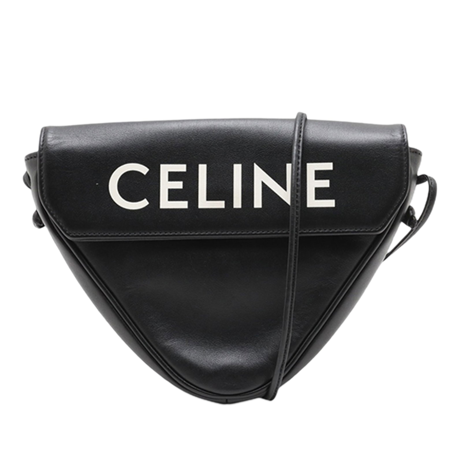 Celine Triangle Leather Crossbody Bag: Celine Triangle Leather Crossbody Bag This Celine Smooth Calfskin Logo Triangle Crossbody bag is crafted from high-quality leather and features a unique triangular silhouette. It comes with an adjusta