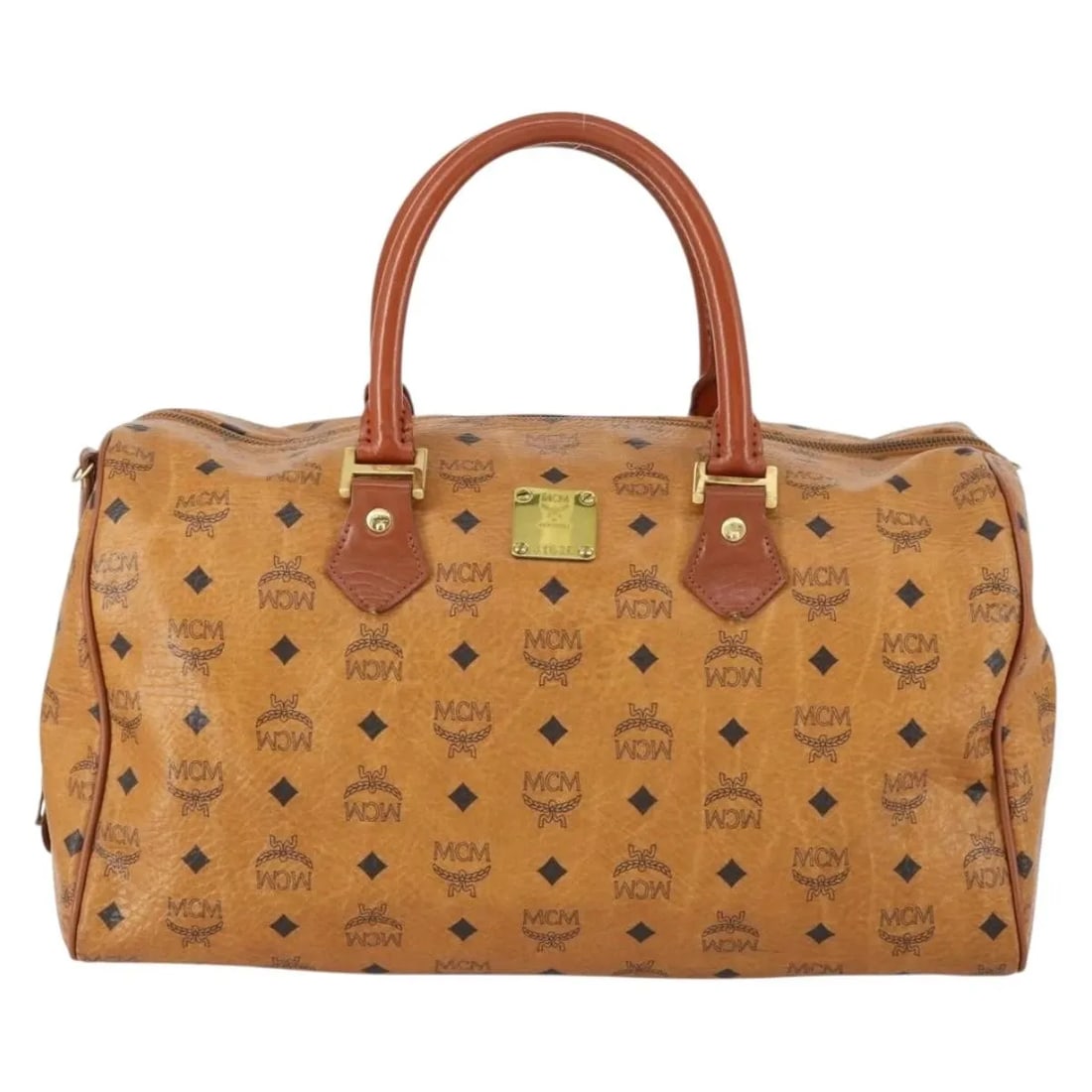 MCM Vicetos Boston Bag Brown Canvas Logogram Unisex: MCM Vicetos Boston Bag Brown Canvas Logogram Unisex This pre-owned MCM Vicetos travel bag features the signature logogram design in brown canvas. Designed for unisex use, the bag shows signs of previo