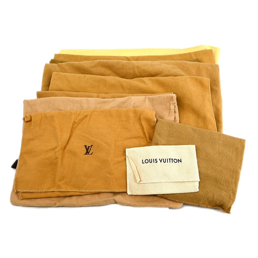 Set of 10 Louis Vuitton cotton dust bags in brown beige: Set of 10 Louis Vuitton cotton dust bags in brown beige Set of 10 authentic Louis Vuitton dust bags in brown and beige 100% cotton. These unisex dust bags show overall signs of use, including stains a