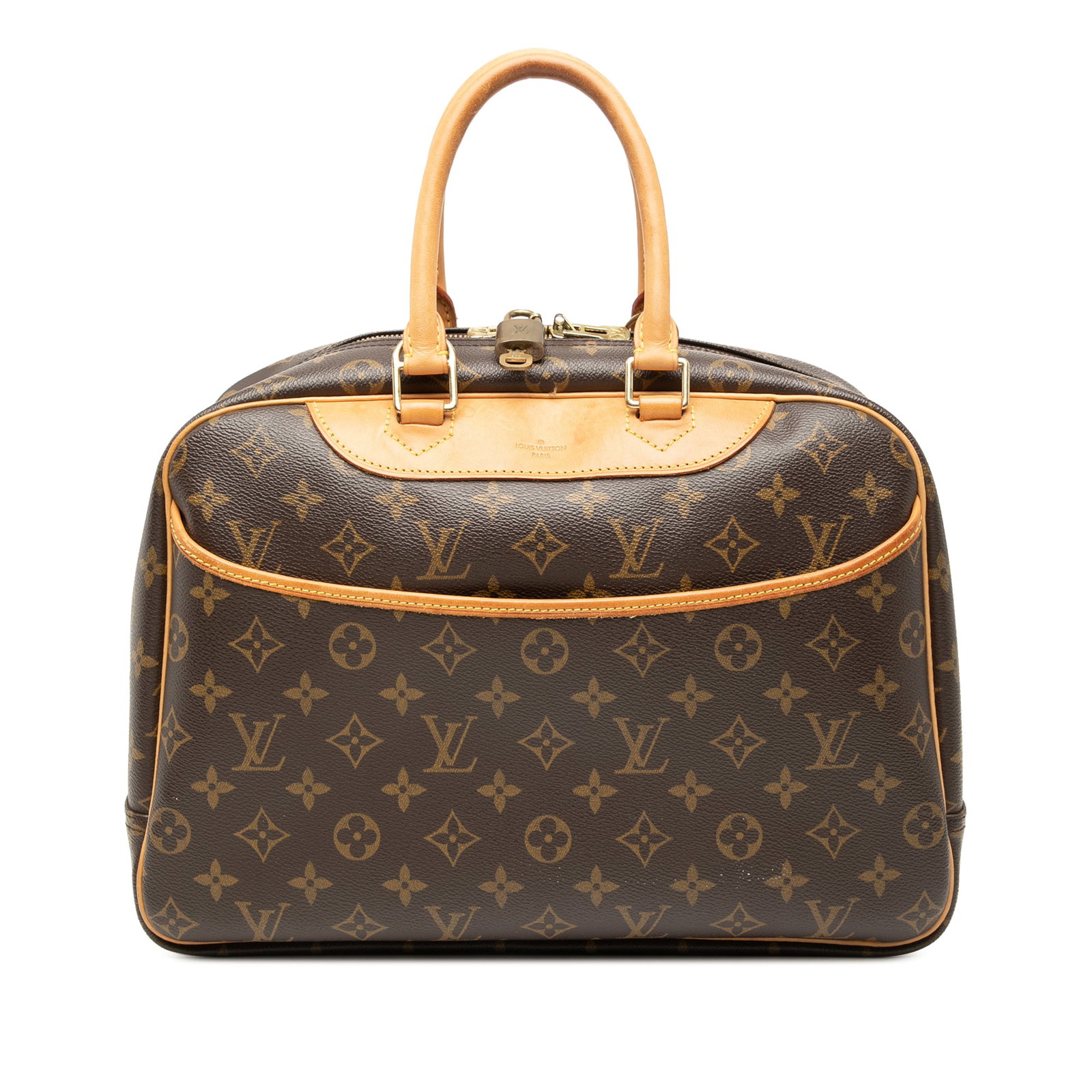 Louis Vuitton Deauville Monogram Canvas Bag with Leather Trim: Louis Vuitton Deauville Monogram Canvas Bag with Leather Trim The Louis Vuitton Monogram Deauville features a monogram canvas body accented with vachetta leather trim and rolled vachetta leather handl