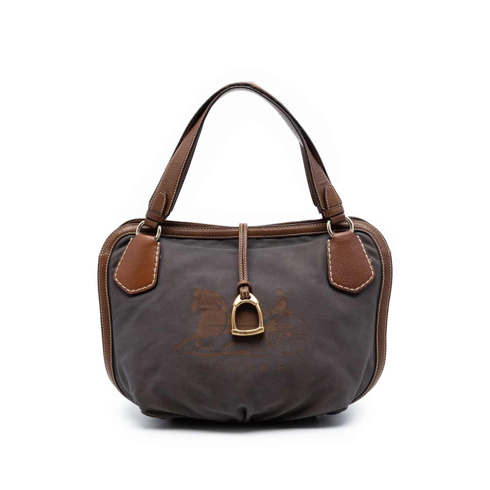 Celine Carriage Canvas Tote Bag with Leather Trim Gray: Celine Carriage Canvas Tote Bag with Leather Trim Gray Celine Canvas Carriage Tote in gray canvas with leather trim and flat leather straps. The bag features an open top with snap button closure, plus