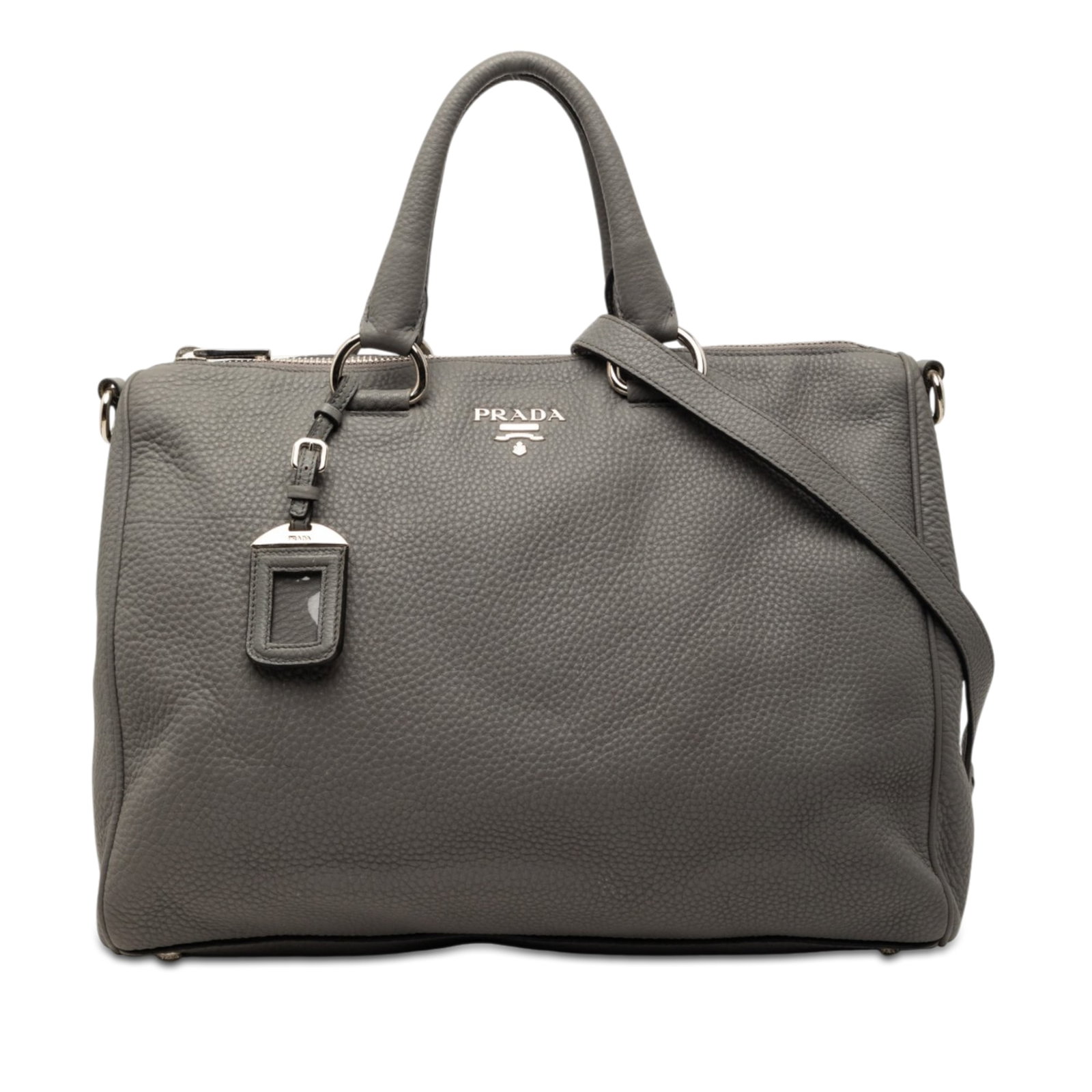 Prada Vitello Daino Leather Satchel with Detachable Strap: Prada Vitello Daino Leather Satchel with Detachable Strap Prada Vitello Daino Zip Top Satchel in gray leather. This satchel features rolled leather handles, a detachable flat leather strap, a top zip 
