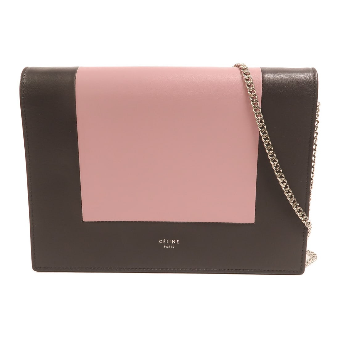 CELINE Calfskin Chain Shoulder Wallet Grey Pink: CELINE Calfskin Chain Shoulder Wallet Grey Pink This CELINE shoulder bag features a structured frame design crafted from luxurious calfskin leather in a sophisticated grey and pink color combination. 