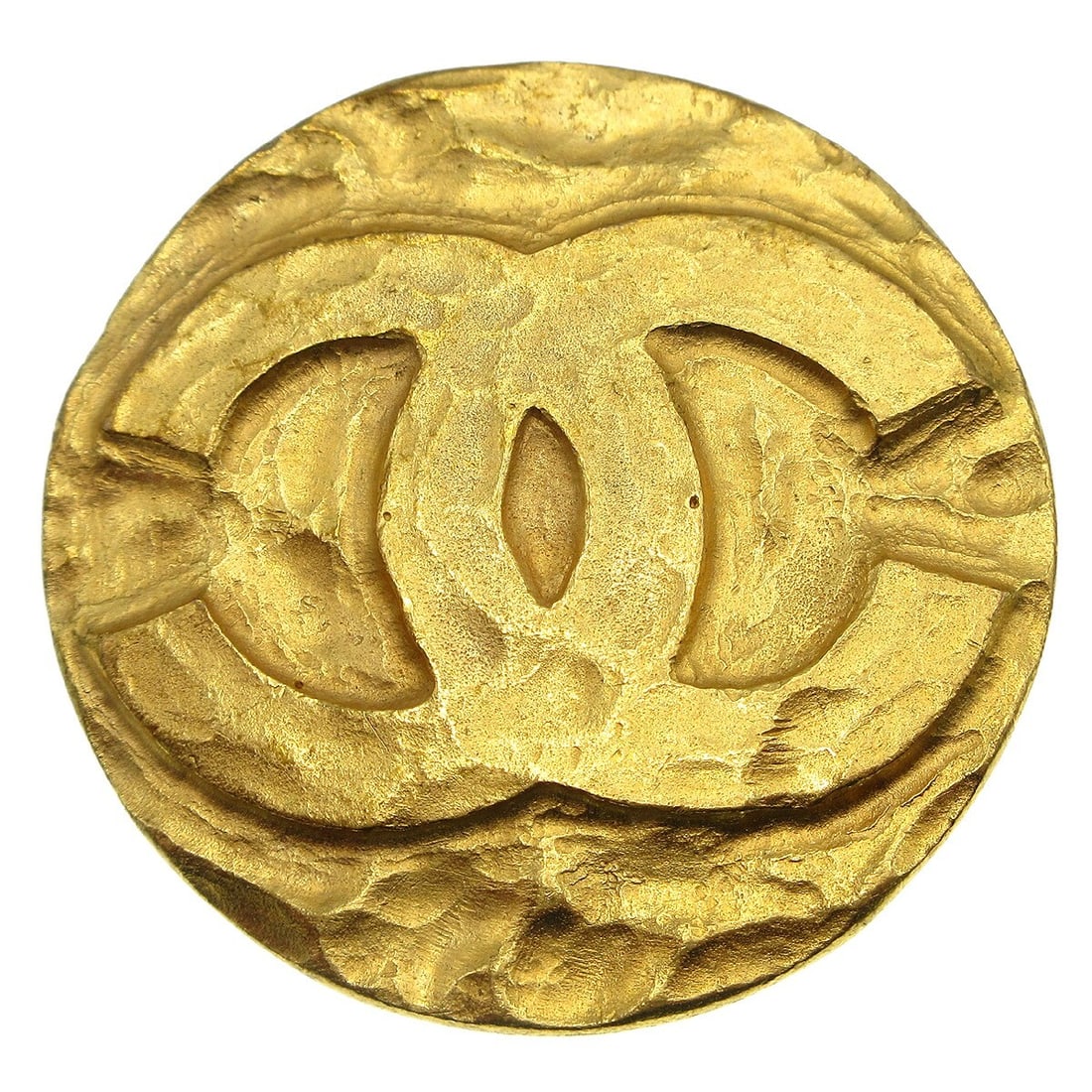 Chanel CC Logo Round Gold Plated Brooch 94P: Chanel CC Logo Round Gold Plated Brooch 94P Round Chanel medallion brooch pin in gold-plated metal with the CC logo design. Marked 94P and made in France. Condition shows reasonable wear, including di
