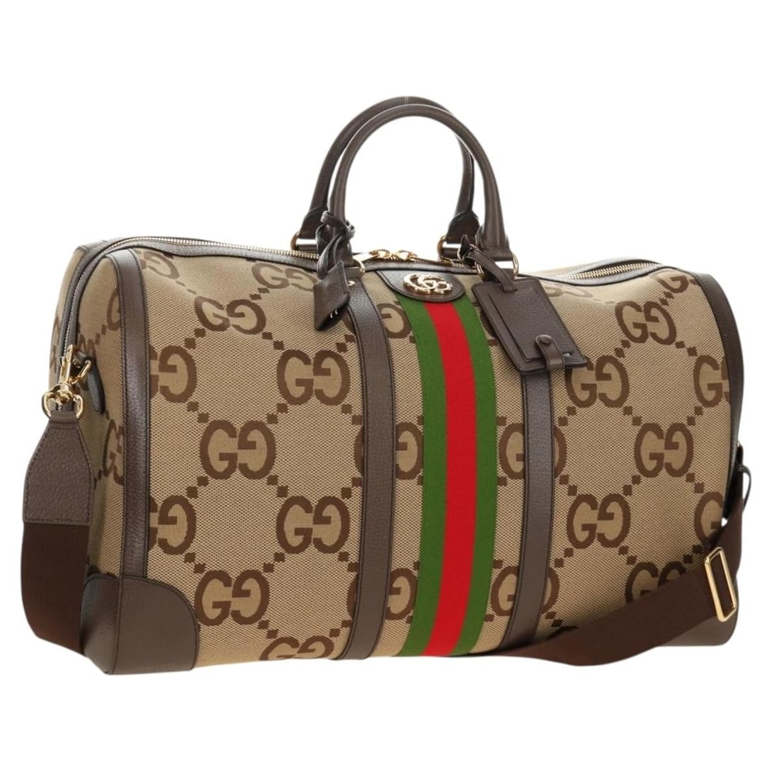 GUCCI 696039 Jumbo GG Canvas 2 Way Boston Bag Beige Gold: GUCCI 696039 Jumbo GG Canvas 2 Way Boston Bag Beige Gold Gucci Jumbo GG Web Sherry Line 2-way Boston bag in beige and gold GG canvas. This women's bag includes a dust bag, padlock, two keys, clochette