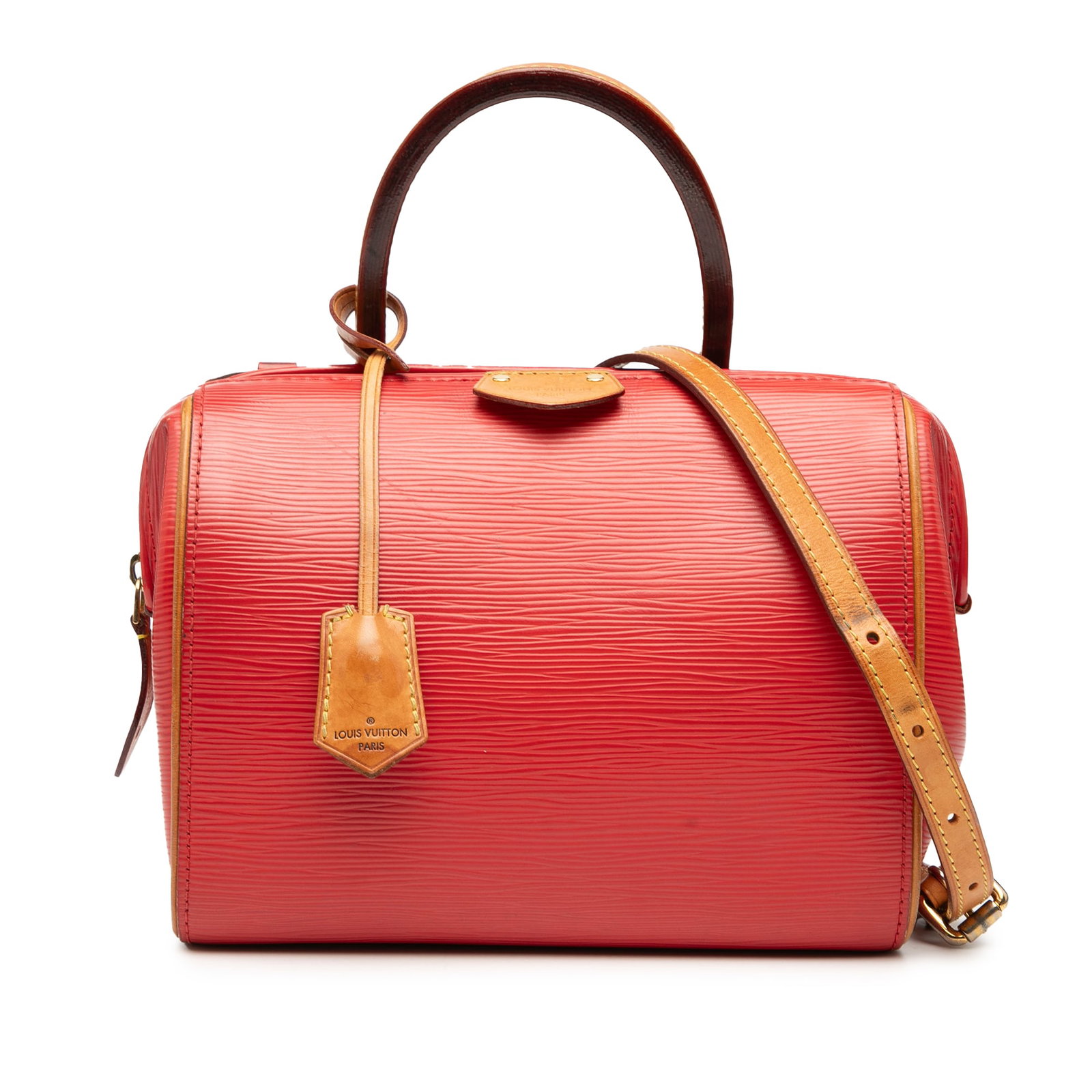 Louis Vuitton Epi Doc BB Red Leather Handbag with Vachetta Details: Louis Vuitton Epi Doc BB Red Leather Handbag with Vachetta Details The Louis Vuitton Epi Doc BB is a stylish handbag crafted from durable epi leather, featuring rolled vachetta leather handles and a d