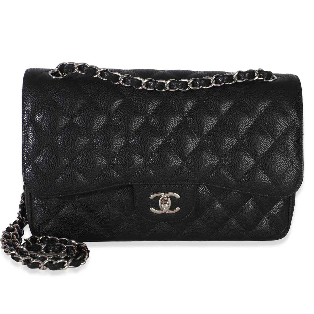 Chanel Jumbo Double Flap Black Quilted Caviar Shoulder Bag: Chanel Jumbo Double Flap Black Quilted Caviar Shoulder Bag This Chanel Jumbo Double Flap handbag features a classic black quilted caviar leather exterior with a signature turnlock closure and silver-t