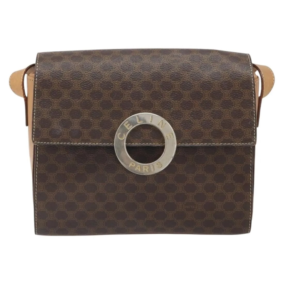 Celine Vintage Macadam Circle Logo Shoulder Bag Canvas Leather Brown: Celine Vintage Macadam Circle Logo Shoulder Bag Canvas Leather Brown This Celine Vintage Macadam Circle Logo Shoulder Bag is crafted from brown canvas with leather accents. Designed for women, it feat