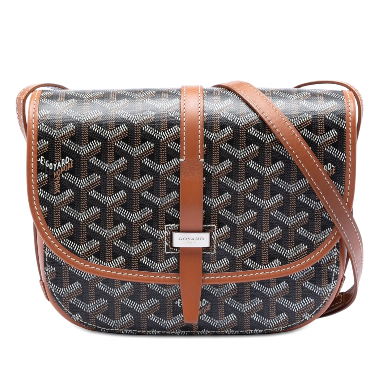 Goyard Belvedere PM coated canvas black bag: Goyard Belvedere PM coated canvas black bag The Goyardine Belvedere PM is a compact bag crafted from coated canvas with leather trim. It features an adjustable flat leather strap, a front flap with a 