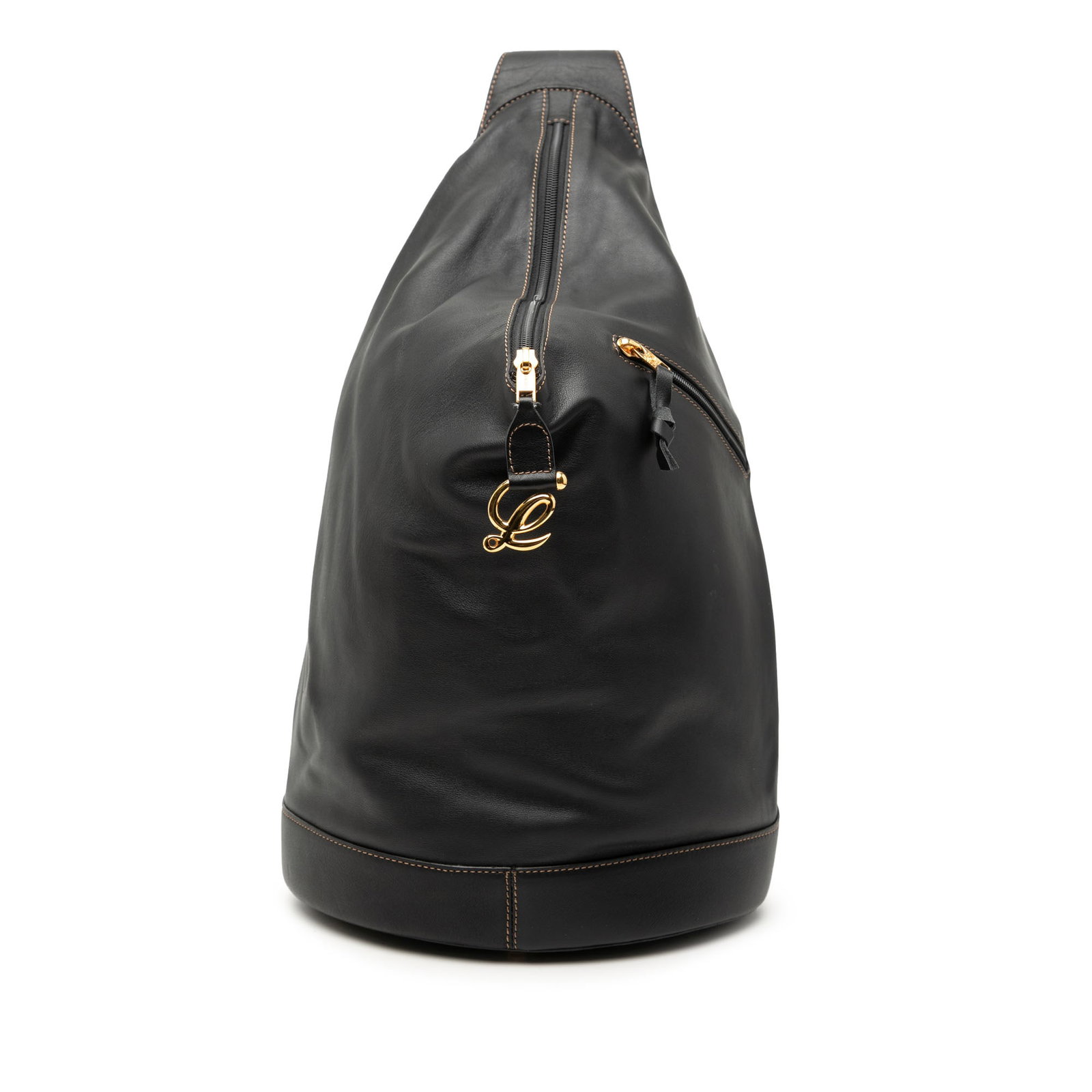 Loewe Anton Black Leather Crossbody Bag with Exterior Zip Pocket: Loewe Anton Black Leather Crossbody Bag with Exterior Zip Pocket This LOEWE Anton Sling Bag features a black leather body with a flat leather strap, zip-down closure, an exterior zip pocket, and inter