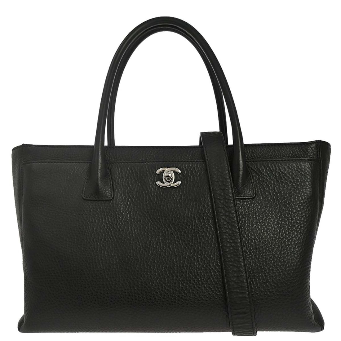 CHANEL Executive Cerf Medium Black Deerskin 2 Way Tote: CHANEL Executive Cerf Medium Black Deerskin 2 Way Tote Chanel Executive Cerf 2-way tote bag in black deerskin with double handles, a turn-lock closure, and a detachable shoulder strap. The bag feature