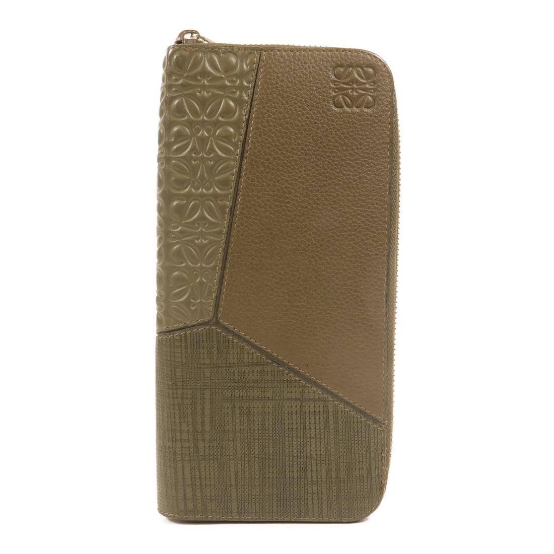 LOEWE Puzzle calfskin zip-around wallet dark khaki: LOEWE Puzzle calfskin zip-around wallet dark khaki This LOEWE Puzzle long wallet is crafted from high-quality calfskin leather in a sophisticated dark khaki green. Designed for women, it features an a