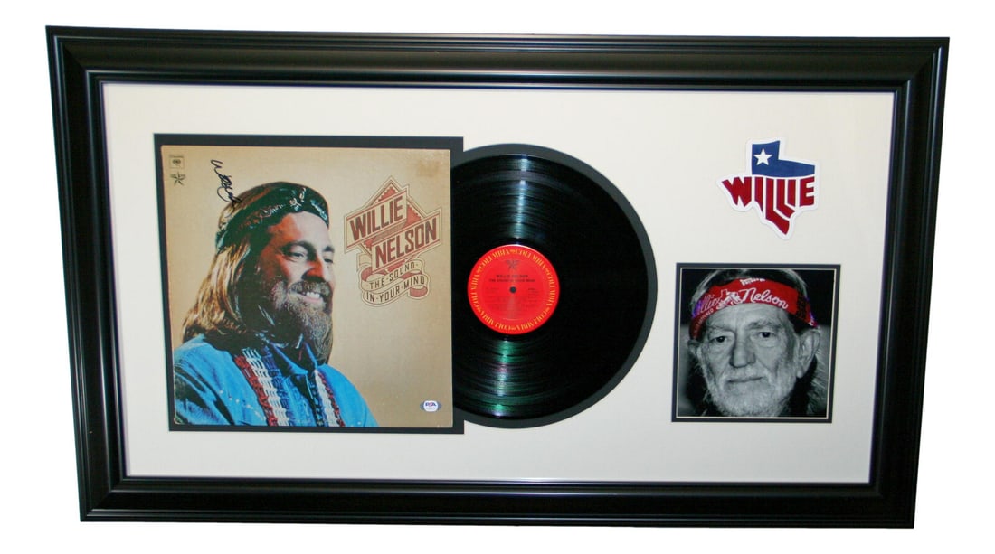Willie Nelson Autographed Album Cover PSA/DNA Framed Display: Willie Nelson Autographed Album Cover PSA/DNA Framed Display This framed album cover features the iconic Willie Nelson, a legendary figure in country music. The piece is signed by Nelson himself and c