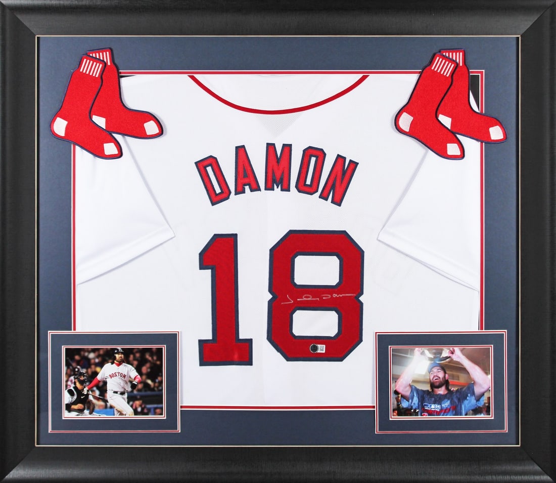 Johnny Damon Signed Boston Red Sox Framed Jersey BAS Witnessed: Johnny Damon Signed Boston Red Sox Framed Jersey BAS Witnessed Capture a piece of baseball history with this authentic autographed white pro style framed jersey, personally signed by Johnny Damon of t