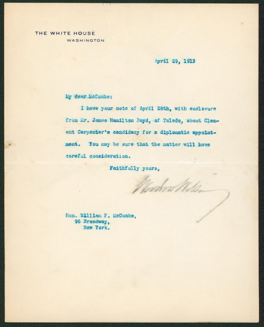 Woodrow Wilson signed White House letter dated April 29 1913 BAS AB14535: Woodrow Wilson signed White House letter dated April 29 1913 BAS AB14535 Autographed dated April 29, 1913 letter on White House letterhead, personally signed by Woodrow Wilson. The item is an original