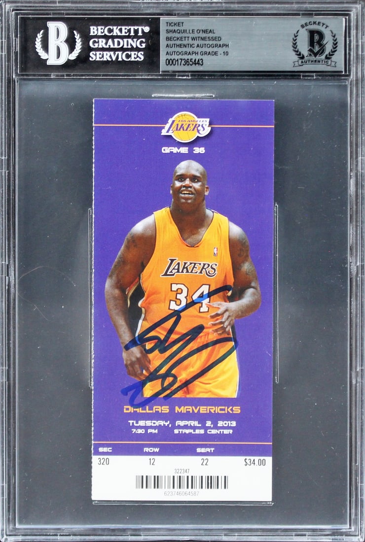 Shaquille O'Neal Beckett Slabbed Signed 2013 Lakers Retirement Ticket Gem Mint 10: Shaquille O'Neal Beckett Slabbed Signed 2013 Lakers Retirement Ticket Gem Mint 10 This original ticket stub from April 2, 2013, commemorates the retirement of Shaquille O'Neal's #34 jersey by the Los 