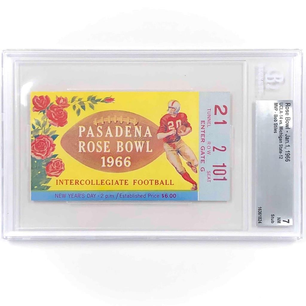 1966 Rose Bowl Ticket Stub BGS 7 UCLA vs Michigan State Vintage: 1966 Rose Bowl Ticket Stub BGS 7 UCLA vs Michigan State Vintage This original ticket stub from the 1966 Rose Bowl National Championship Game features a matchup between the UCLA Bruins and Michigan Sta