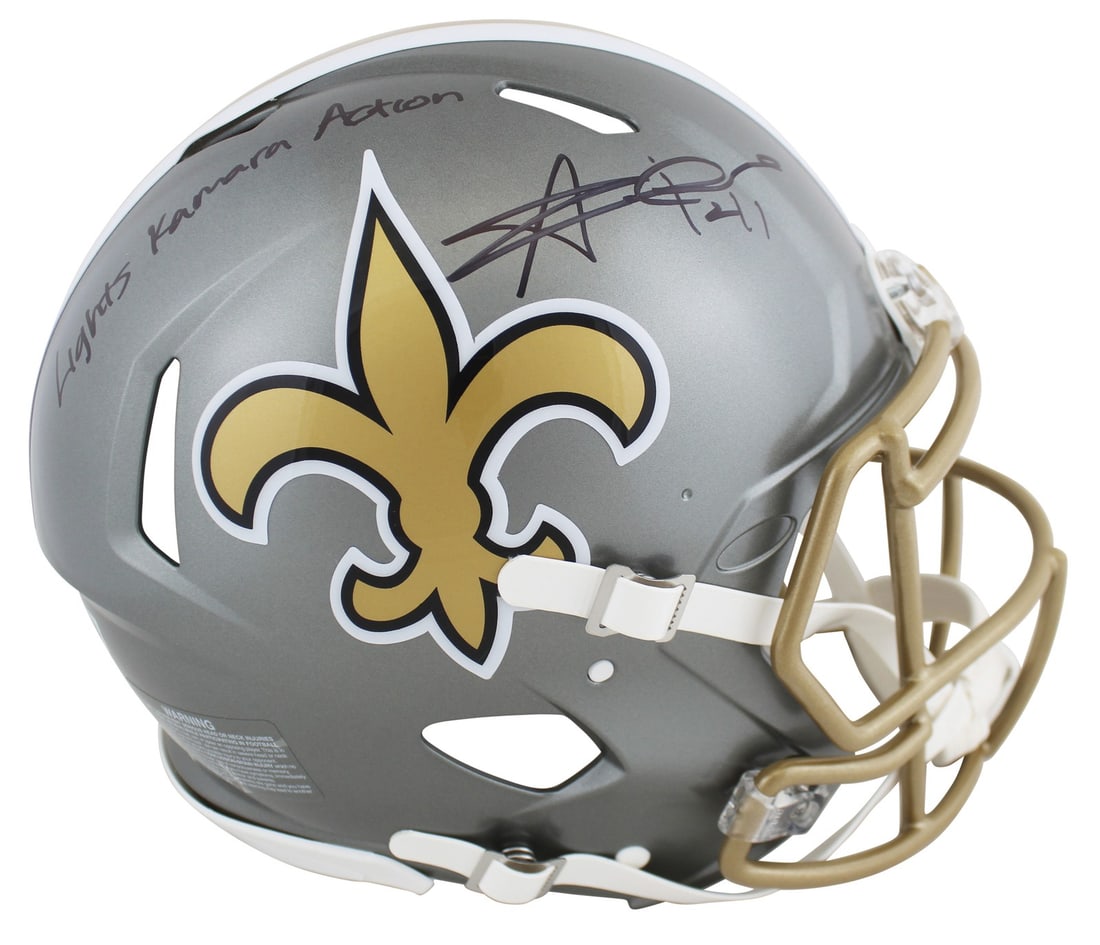 Alvin Kamara signed Saints Flash Speed Proline helmet Beckett witnessed (1 of 3)