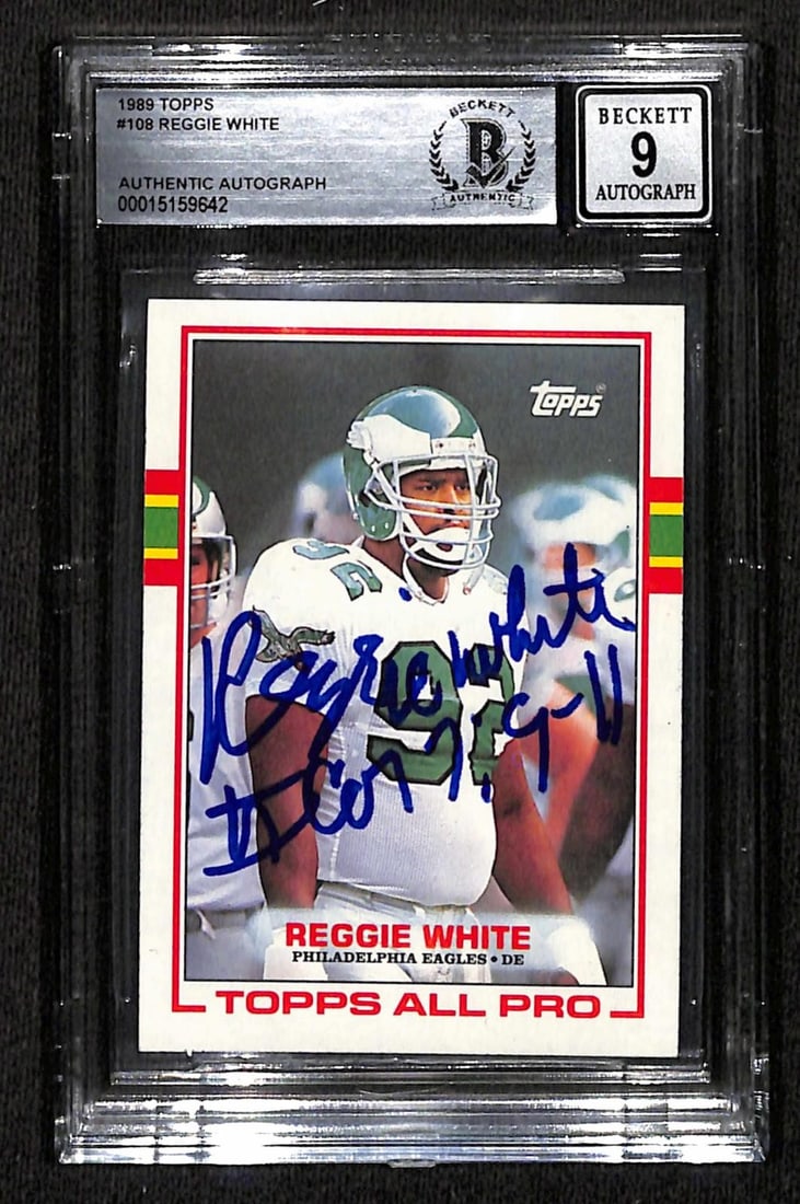 Reggie White autographed 1989 Topps Eagles card Beckett graded 9: Reggie White autographed 1989 Topps Eagles card Beckett graded 9 This 1989 Topps #108 Philadelphia Eagles trading card has been personally hand-signed by NFL Hall of Famer Reggie White. The autograph 