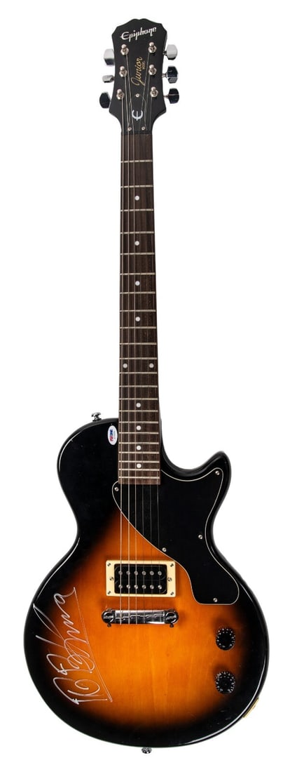 B.B. King Signed Epiphone Junior Guitar with PSA/DNA COA: B.B. King Signed Epiphone Junior Guitar with PSA/DNA COA This Epiphone Junior electric guitar is a remarkable piece signed by the legendary musician B.B. King. His flowing signature, written in silver