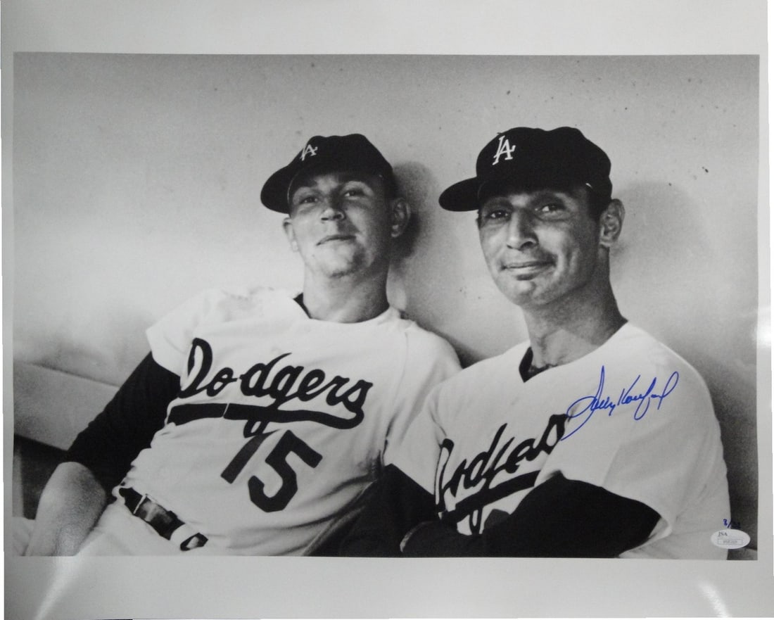 Sandy Koufax Autographed 16x20 Photo LA Dodgers JSA Certified: Sandy Koufax Autographed 16x20 Photo LA Dodgers JSA Certified This stunning 16x20 photograph of Sandy Koufax, a legendary player of the Los Angeles Dodgers, showcases his remarkable career. The photo 
