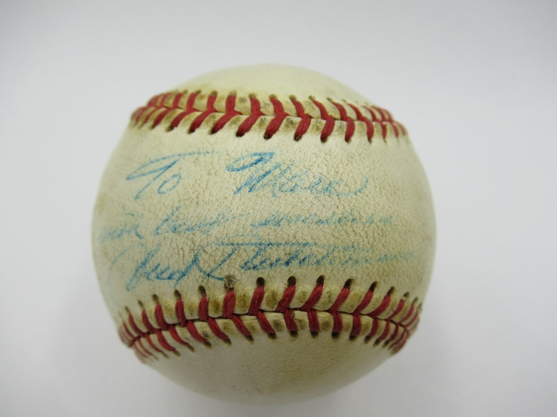 Fred Hutchinson signed baseball JSA LOA blue pen sweet spot: Fred Hutchinson signed baseball JSA LOA blue pen sweet spot This is an original 1950s Lowe and Campbell baseball, single signed and inscribed by Fred Hutchinson, a celebrated figure in Major League Ba
