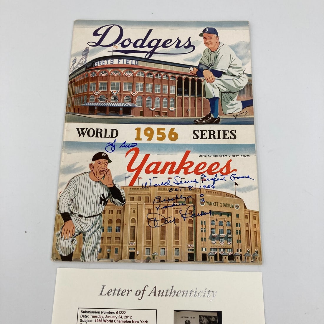 1956 World Series Yankees Dodgers Signed Program Mantle Koufax JSA Authenticated: 1956 World Series Yankees Dodgers Signed Program Mantle Koufax JSA Authenticated This is an original 1956 World Series Yankees vs. Dodgers signed program, featuring the historic Perfect Game thrown by