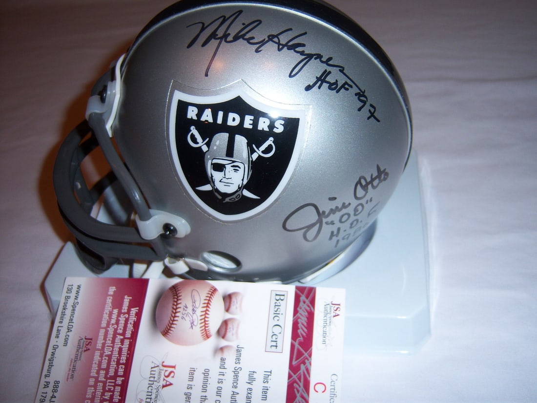 Signed Oakland Raiders mini helmet with JSA COA and five autographs: Signed Oakland Raiders mini helmet with JSA COA and five autographs This is an original Oakland Raiders mini helmet signed by Gene Upshaw, Art Shell, Jim Otto, Mike Haynes, and Lofton. The helmet come