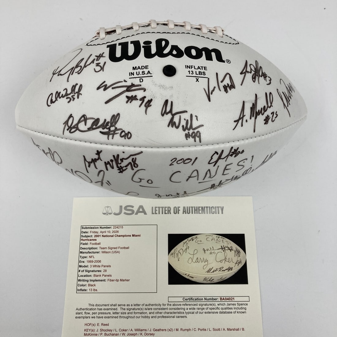 Miami Hurricanes 2001 National Champions signed Wilson game football JSA COA: Miami Hurricanes 2001 National Champions signed Wilson game football JSA COA This is a Wilson game football signed by the 2001 Miami Hurricanes NCAA National Champions team. The ball features 28 autog