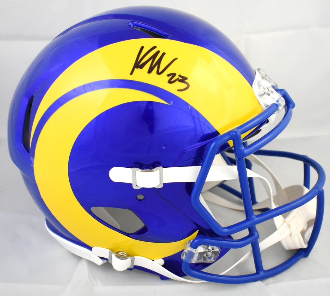 Rams Full Size Speed Authentic Helmet Signed by Kyren Williams Beckett Hologram: Rams Full Size Speed Authentic Helmet Signed by Kyren Williams Beckett Hologram This is a Los Angeles Rams full-size Speed Authentic helmet autographed by Kyren Williams. The helmet is an original ite