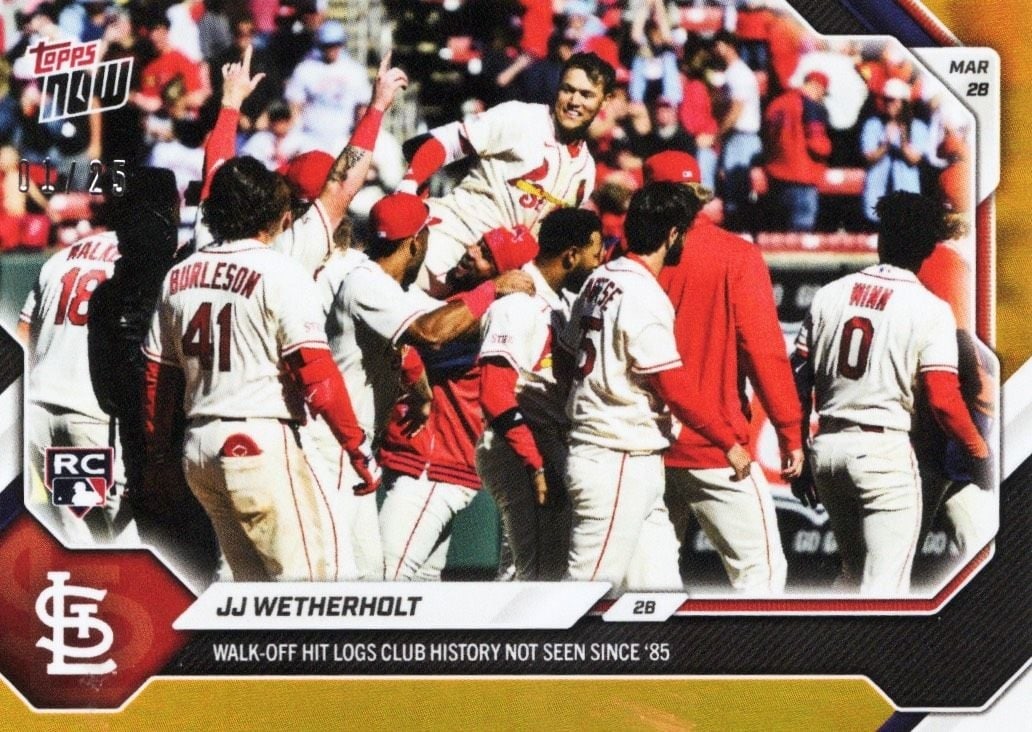 JJ Wetherholt 2026 Topps Now Orange Foil Rookie Card 18: JJ Wetherholt 2026 Topps Now Orange Foil Rookie Card 18 This is a 2026 Topps Now JJ Wetherholt #18 Orange Foil rookie baseball card, featuring JJ Wetherholt of the St. Louis Cardinals. The card is par