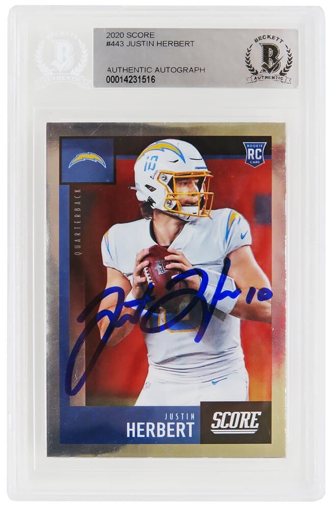 Justin Herbert Signed Chargers 2020 Score Rookie Card #443 Beckett Slabbed: Justin Herbert Signed Chargers 2020 Score Rookie Card #443 Beckett Slabbed This is a Justin Herbert signed 2020 Score rookie football trading card #443 for the Los Angeles Chargers. The card features 