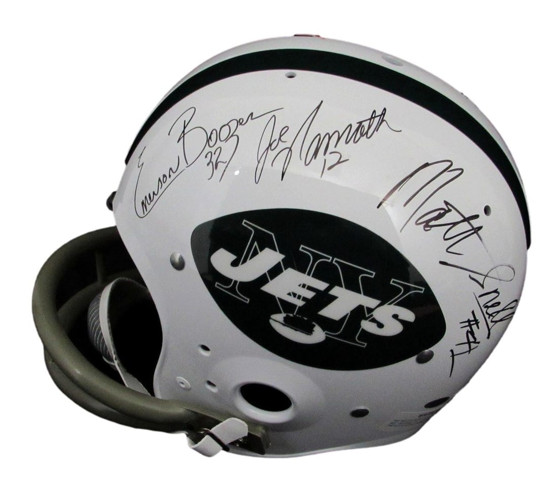 Hand Painted Jets TK Suspension Helmet Signed by Namath Boozer Snell Authenticated: Hand Painted Jets TK Suspension Helmet Signed by Namath Boozer Snell Authenticated This original full-size helmet features the hand-painted design of the New York Jets' iconic TK Suspension model, uni
