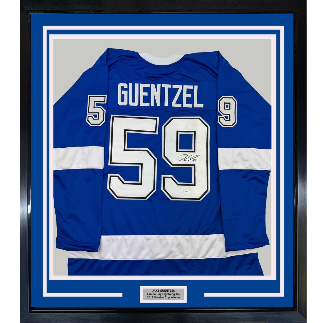 Framed Autographed Jake Guentzel Tampa Bay Jersey 35x39 with PSA COA (1 of 2)