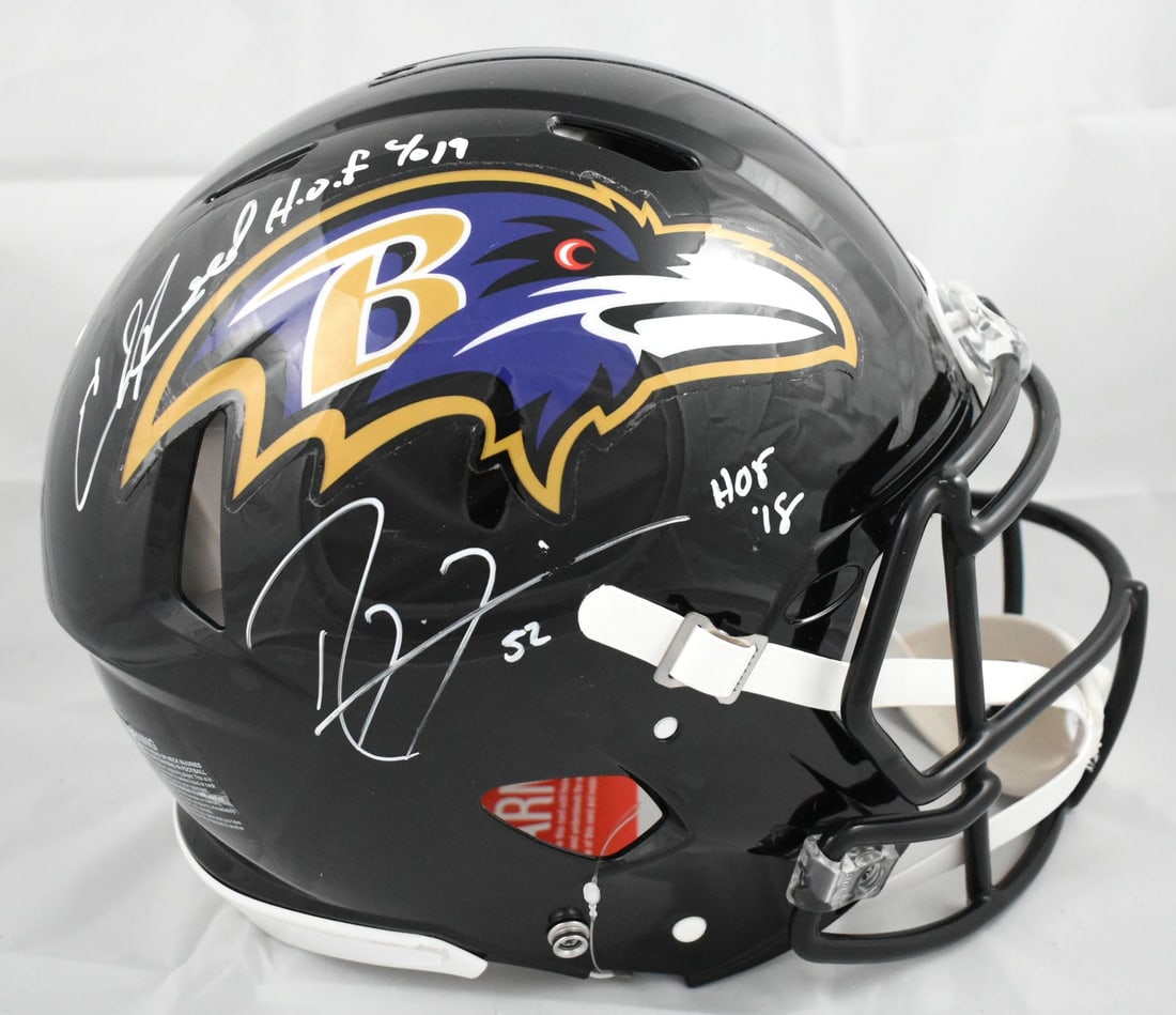 Baltimore Ravens full size speed helmet signed by Ray Lewis and Ed Reed Beckett: Baltimore Ravens full size speed helmet signed by Ray Lewis and Ed Reed Beckett This is a Baltimore Ravens full-size Speed Authentic helmet signed by Ray Lewis and Ed Reed. The helmet is an original, 
