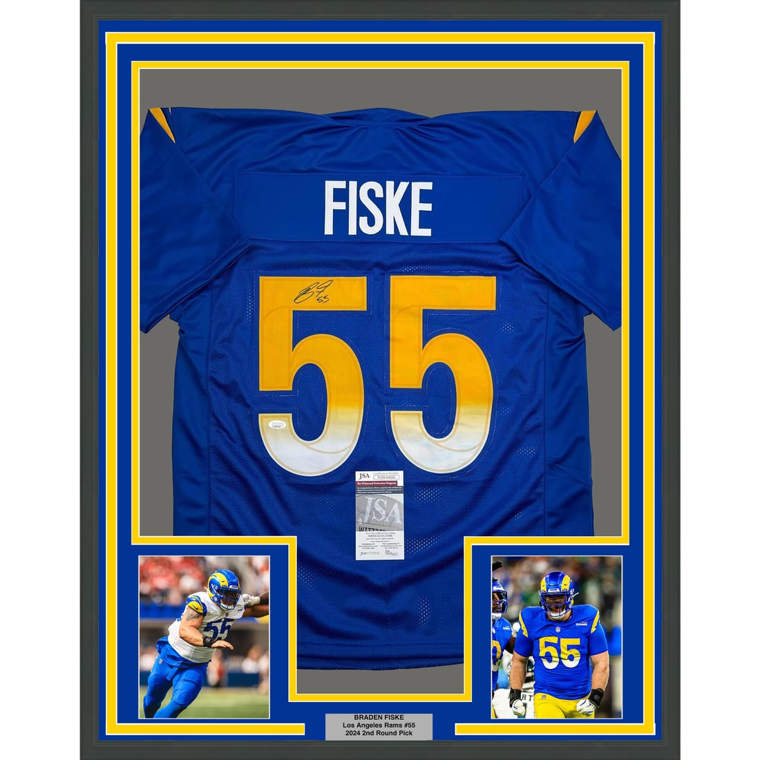 Framed Autographed Braden Fiske Los Angeles Rams Jersey with JSA COA: Framed Autographed Braden Fiske Los Angeles Rams Jersey with JSA COA Display your team pride with this professionally framed and matted autographed jersey of Braden Fiske from the Los Angeles Rams. Th