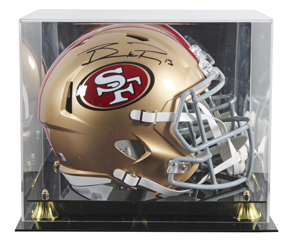 Brock Purdy autographed Riddell Speed replica helmet with display case BAS witnessed: Brock Purdy autographed Riddell Speed replica helmet with display case BAS witnessed This full-size Riddell Speed replica helmet features the official San Francisco 49ers branding and has been persona