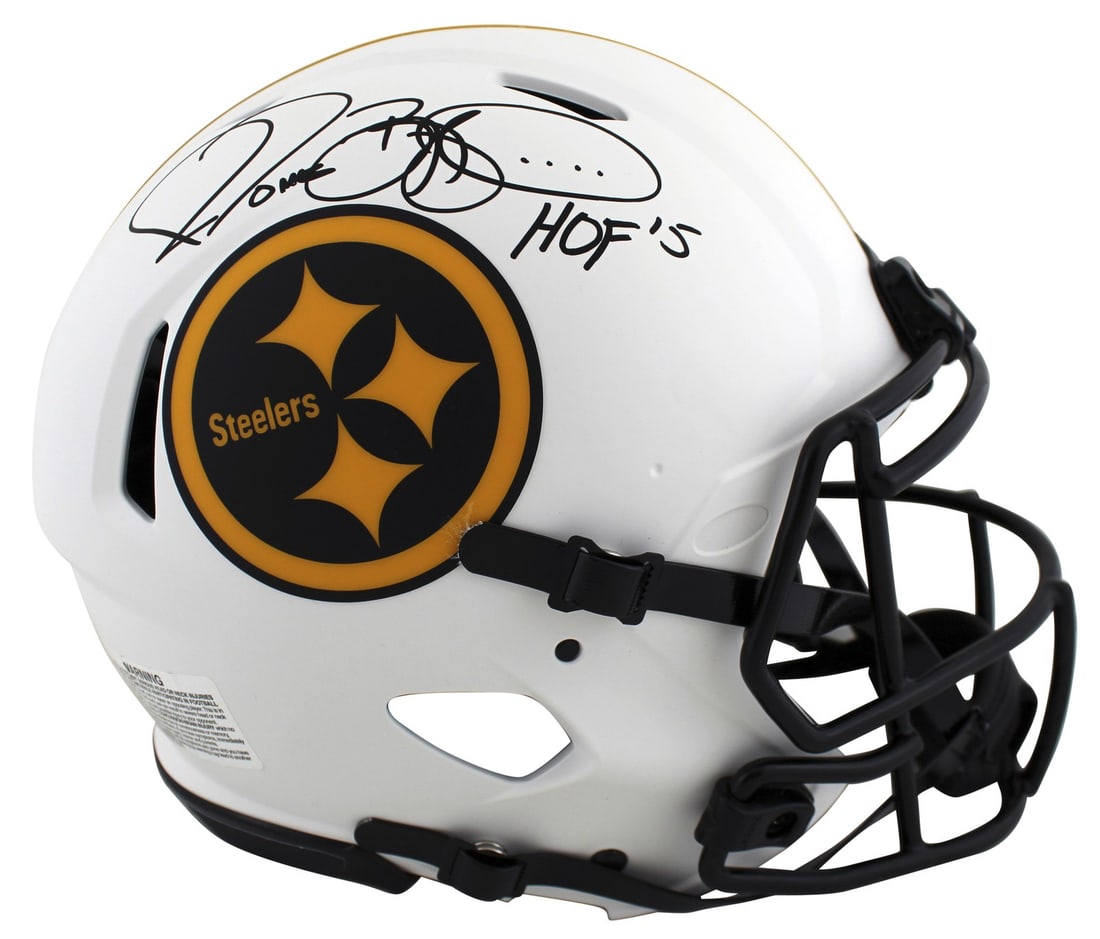 Jerome Bettis Signed Lunar Helmet HOF 15 BAS Witnessed Steelers: Jerome Bettis Signed Lunar Helmet HOF 15 BAS Witnessed Steelers Celebrate the legacy of Jerome Bettis with this autographed Pittsburgh Steelers Lunar Riddell Authentic Full Size Speed Proline Helmet. 