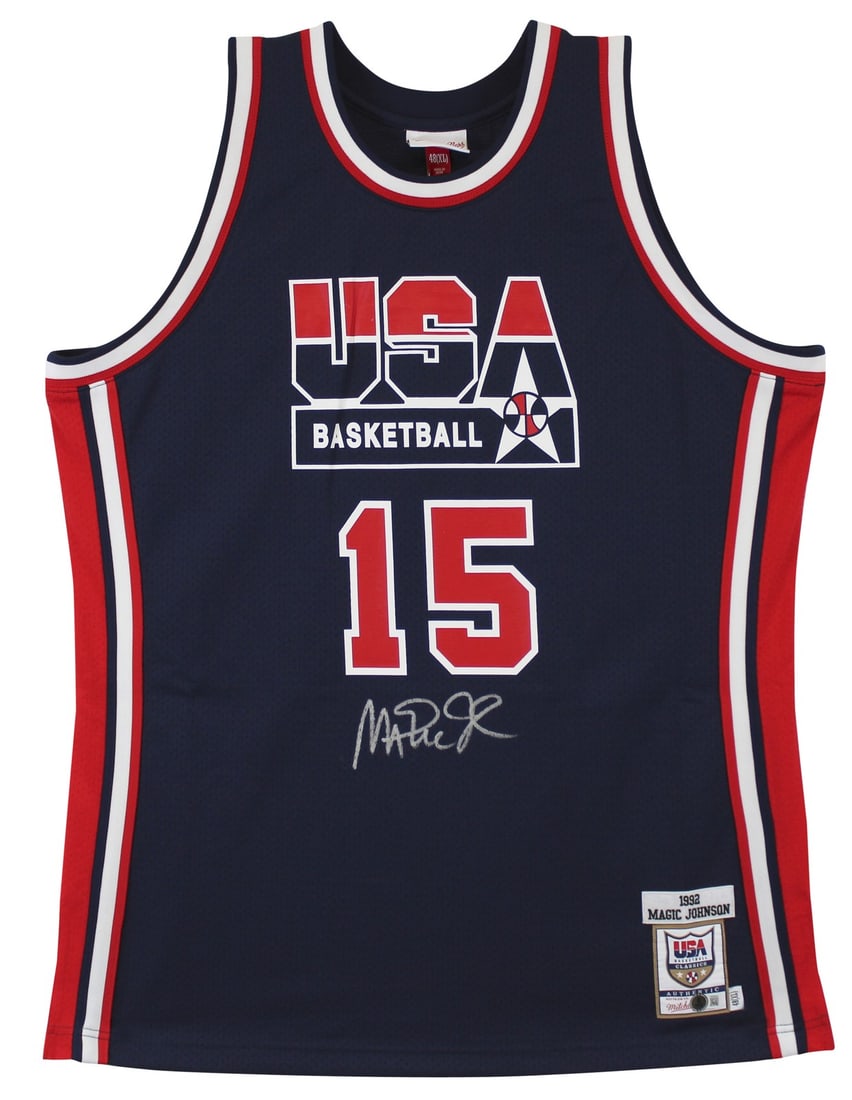 Magic Johnson Autographed Navy 1992 USA Swingman Jersey Beckett Witnessed: Magic Johnson Autographed Navy 1992 USA Swingman Jersey Beckett Witnessed This navy Mitchell & Ness 1992 USA Basketball Classics Swingman Jersey is personally signed by Magic Johnson. The autograph is