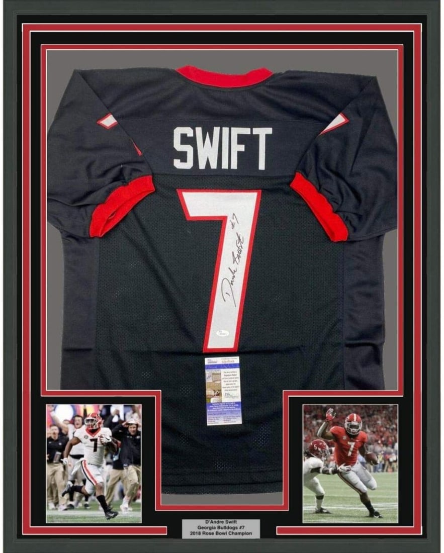 Framed Autographed D'Andre Swift Georgia Jersey with JSA COA: Framed Autographed D'Andre Swift Georgia Jersey with JSA COA This professionally framed and matted item features an authentic autographed D'Andre Swift black jersey from the Georgia Bulldogs, perfect 